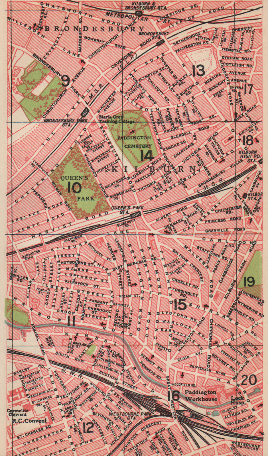 LONDON NW. Queen's Park Kilburn Brondesbury Westbourne Park 1927 old map